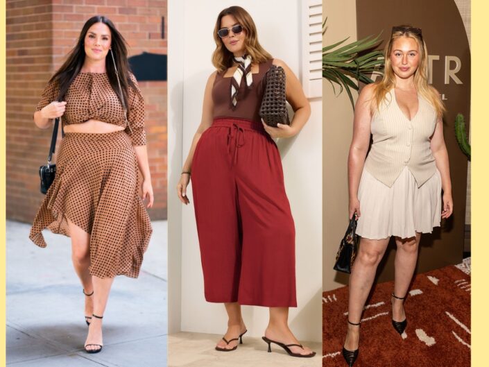 Három street style kép látható amin Plus vize méretű divaton nők vannak