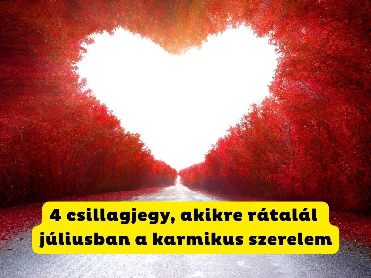 Szív alakot formázó piros lombú fák egy út végén