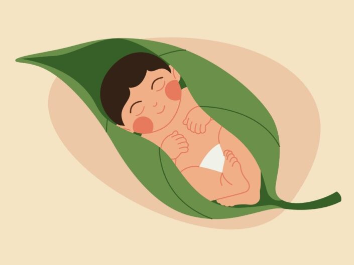 Grafikus illusztráció aprócska kisbabáról, zöld levélbe csavarva bézs-neutrális barna háttérrel