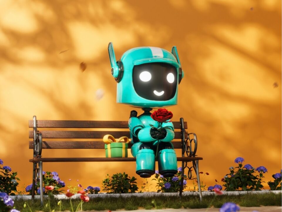 Sárga házfal előtt padon ülő mestereséges intelligencia robot, kezében piros virág, mellett zöld csomag
