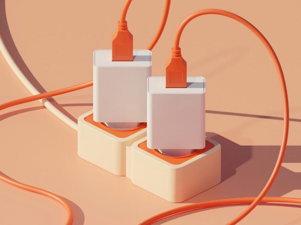 elektronikai-eszkozok-lakas-homerseklet - Nők Lapja Barackszínű képen elektromos töltők, bedugott narancsszínű kábelekkel