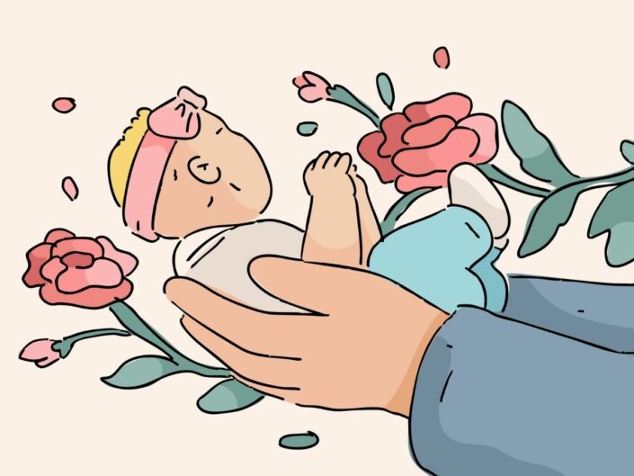 Grafikus illusztráció lány kisbabát tartó kéz, körülöttük rózsák