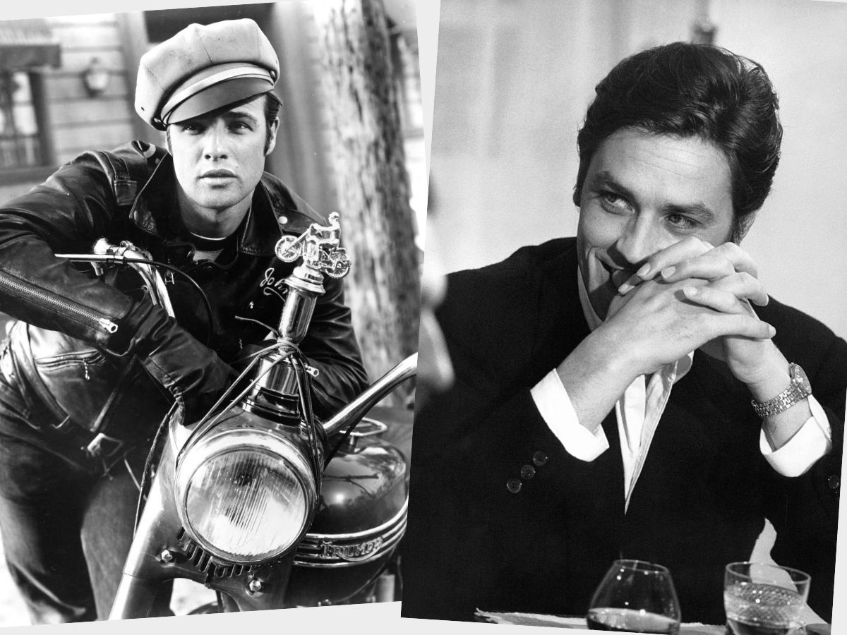 Marlon Brando és Alain Delon fiatalon, fekete fehér képeken egy képmontázson