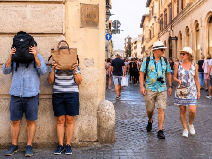 AI által generált képen egy turistaruhás pár a falhoz lapulva hátizsákkal és táskával eltakarja az arcát egy római utcán, miközben egy szembe érkező turistapár közeledik feléjük.