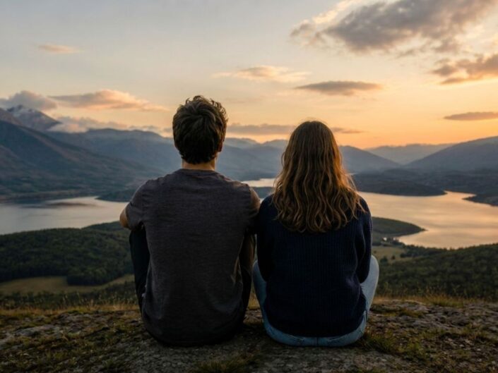 egy fiatal férfi és nő ül egy domb tetején és nézik a tájat