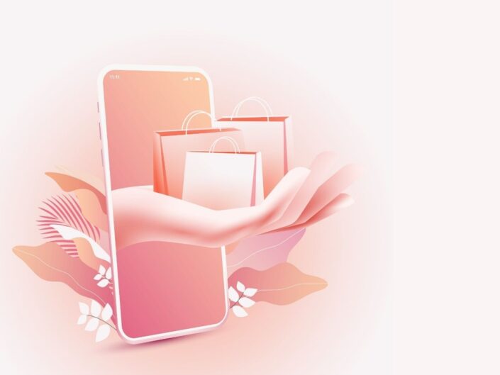 Számítógépes grafika rózsaszínes árnyalatban, telefonból kinyúló kéz tenyerén megvásárolt csomagok, impulzusvásárlás