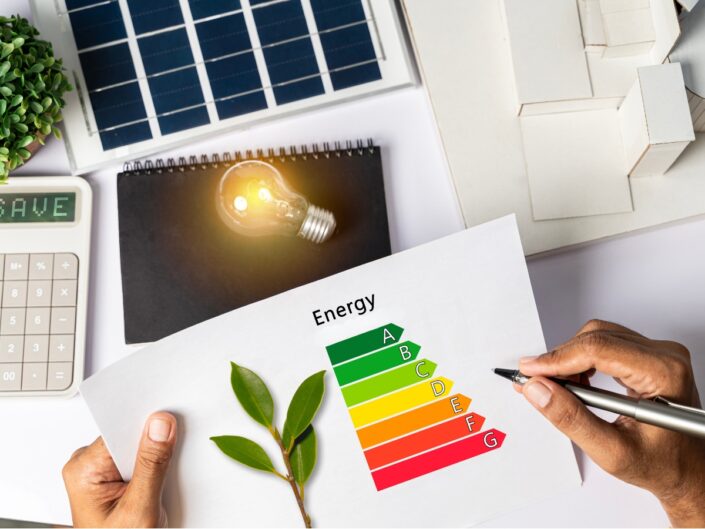 Két kéz egy A–G skálás energiahatékonysági ábrát tart, mellette napelem, számológép, világító izzó, növény és fehér épületmodell látható.