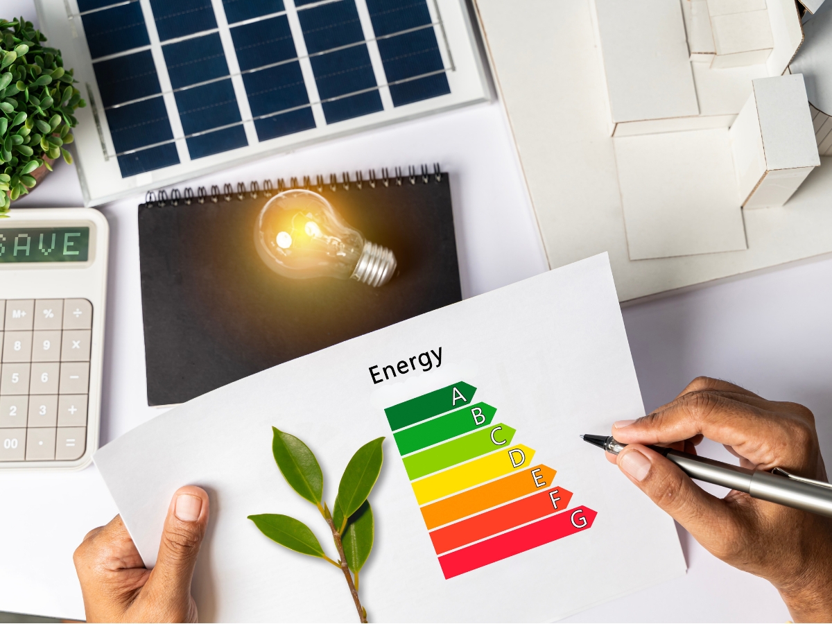 Két kéz egy A–G skálás energiahatékonysági ábrát tart, mellette napelem, számológép, világító izzó, növény és fehér épületmodell látható.