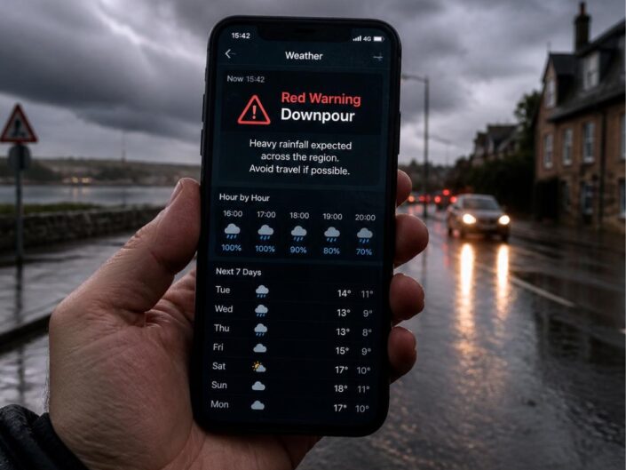Kézben tartott okostelefon kijelzőjén felhőszakadásra figyelmeztető időjárás-app látható, a háttérben esős városi út, autók és sötét viharfelhők.
