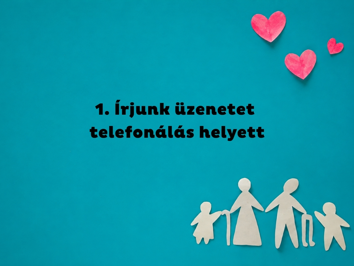 - Nők Lapja Kék háttér, fehér papírból kivágott nagyszülő és unoka alakok, piros papírból kivágott szívek