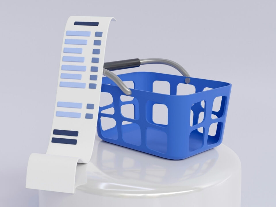 Számítógépes 3D grafika kék bevásárlókosár és bevásárlólista