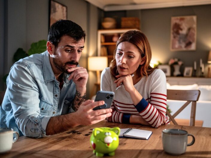 Egy pár a telefonján nézi a kiadásait, előttük malacpersely és aprópénz az asztalon