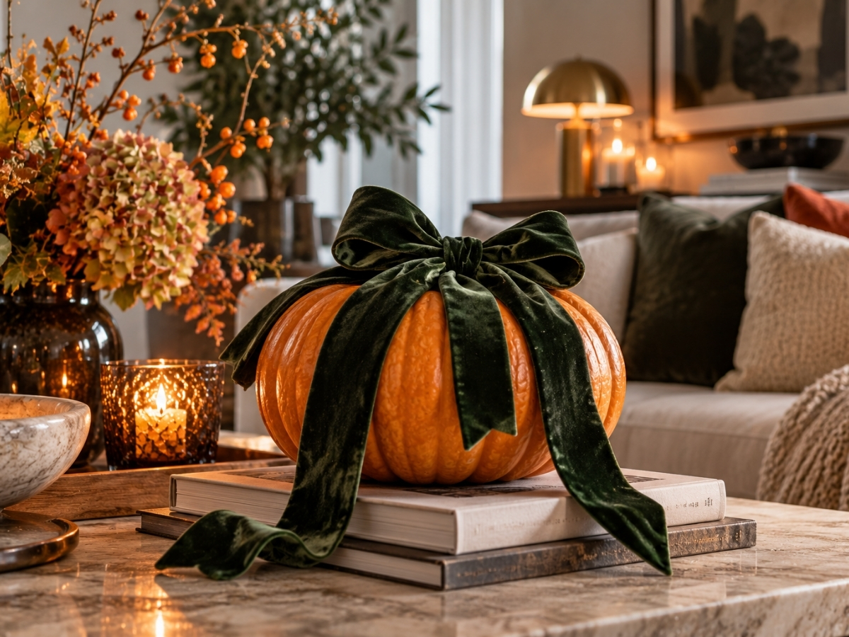 Halloween tök mélyzöld bársonyszalaggal átkötve