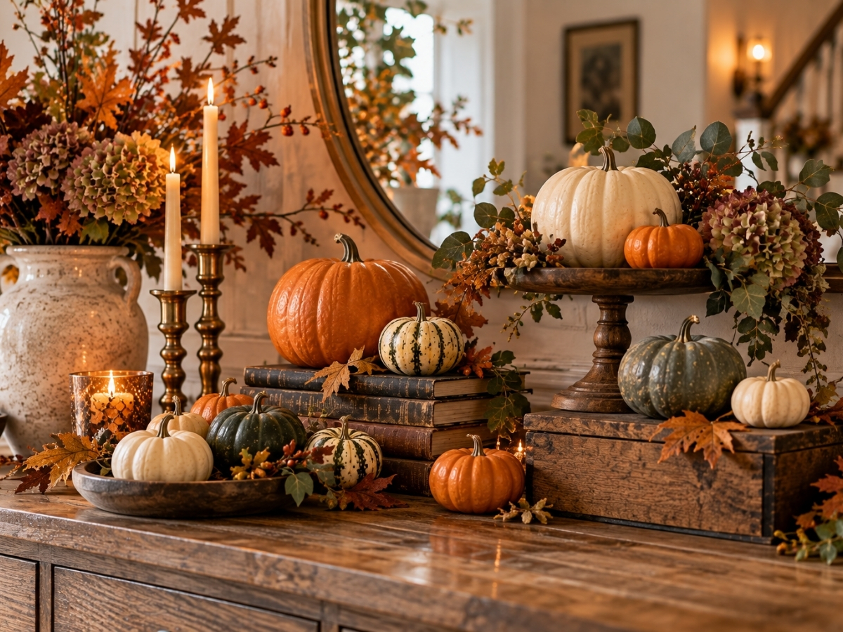 Halloween tökök különböző magasságban régi könyveken, tálalókon előszobai tükör előtt