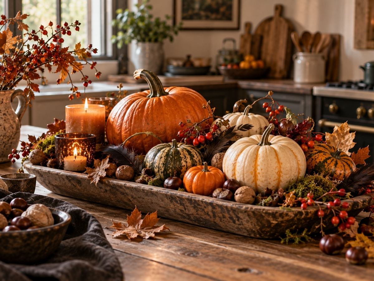Konyhai dekoráció különböző méretű és színű halloween tökökkel, fa teknőben termésekkel