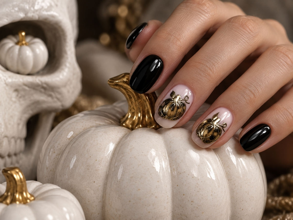 - Nők Lapja Elegáns halloween köröm fekete körömlakkal és arany tökökkel, fehér porcelán tökön
