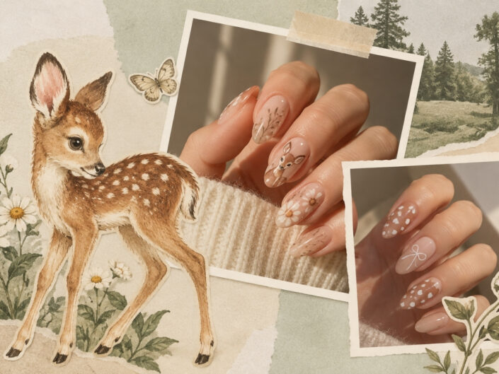 Akvarell Bambi, két különböző őzmintás köröm, művészi kollázs