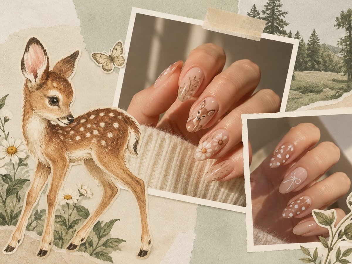 Akvarell Bambi, két különböző őzmintás köröm, művészi kollázs