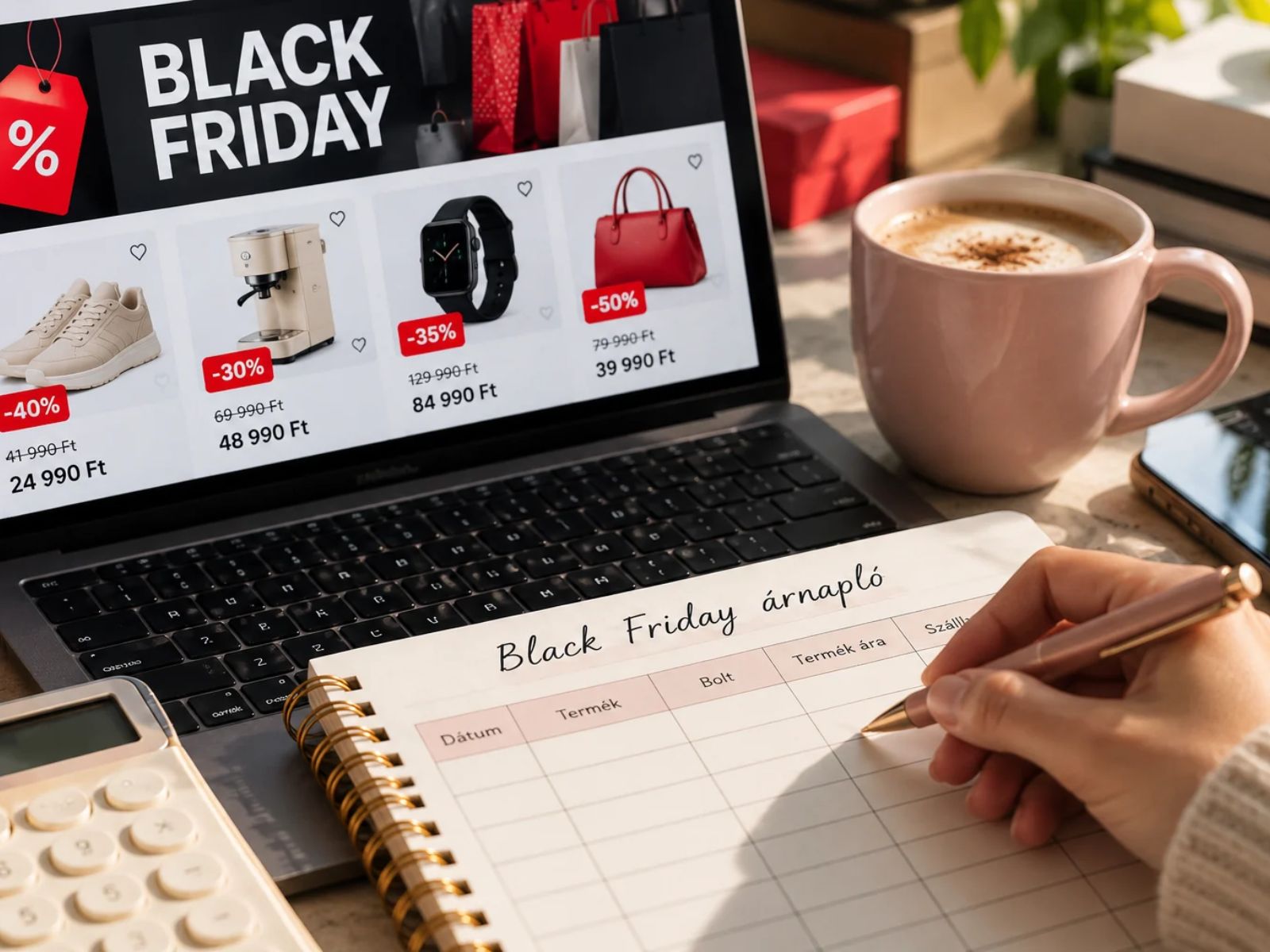 Kézzel vezetett Black Friday-árnapló egy laptop előtt, amelyen akciós termékek és kedvezményes árak láthatók.