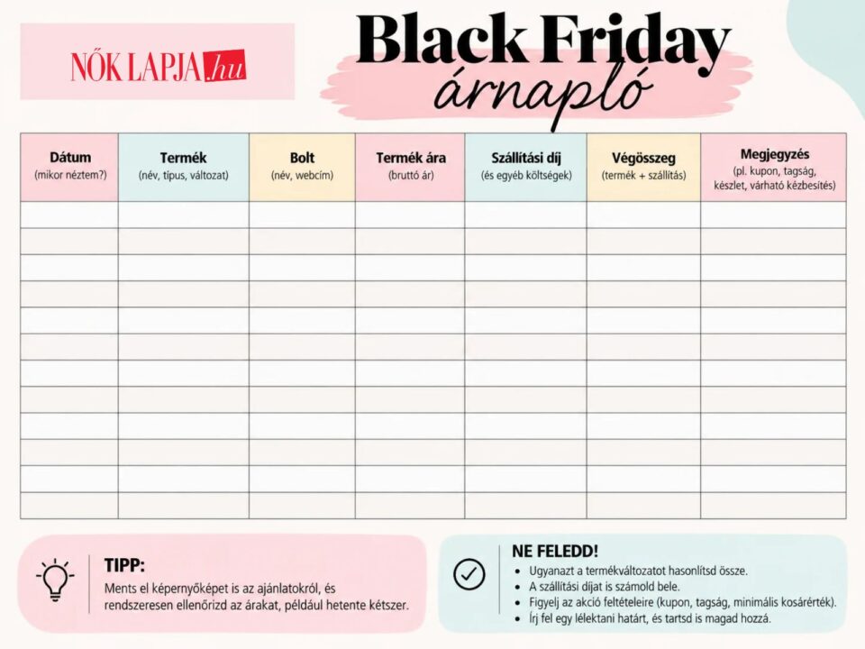 Black Friday-árnapló üres, kitölthető táblázattal, valamint vásárlási tippekkel.
