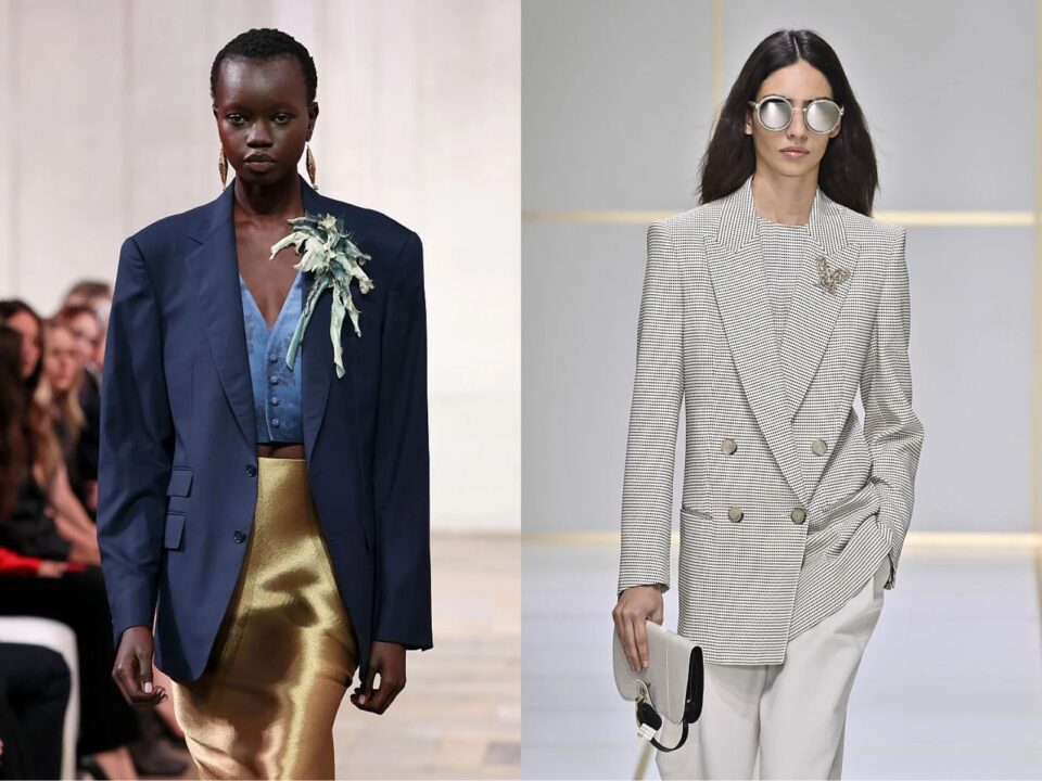 Ralph Lauren és Giorgio Armani kifutós összeállításai 2026-ból: sötétkék blézeren nagy virágos bross, mintás blézeren csillogó állatfigurás kitűző.