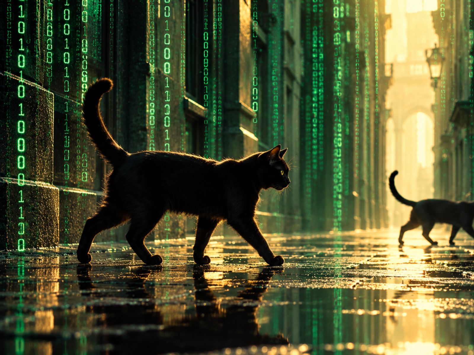 Két fekete macska sétál egymás után egy sötét, esőáztatta utcán, a háttérben zöld, Mátrixot idéző digitális kódsorokkal.
