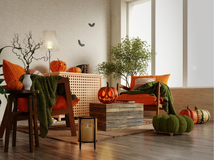 Halloween dekorációval berendezett modern helyiség, tökökkel és növényi elemekkel