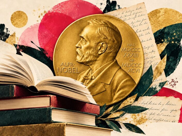 Aranyszínű Nobel-érem nyitott könyvek és kéziratok között, színes, kollázsszerű illusztráción.