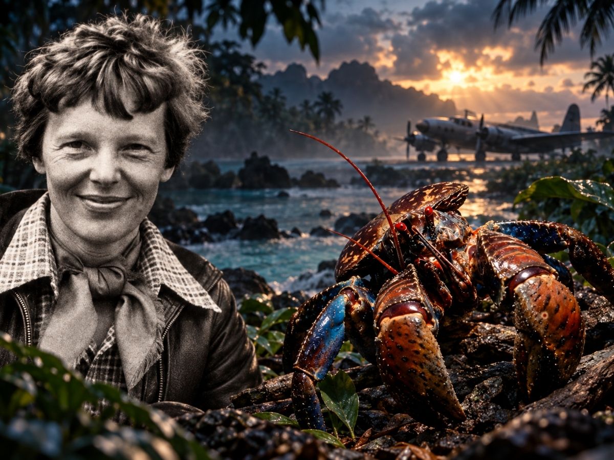 Amelia Earhart fekete-fehér portré, óriás kókuszrák faágon, háttérben az Electra repülőgép és a sziget, ahol lezuhanhatott