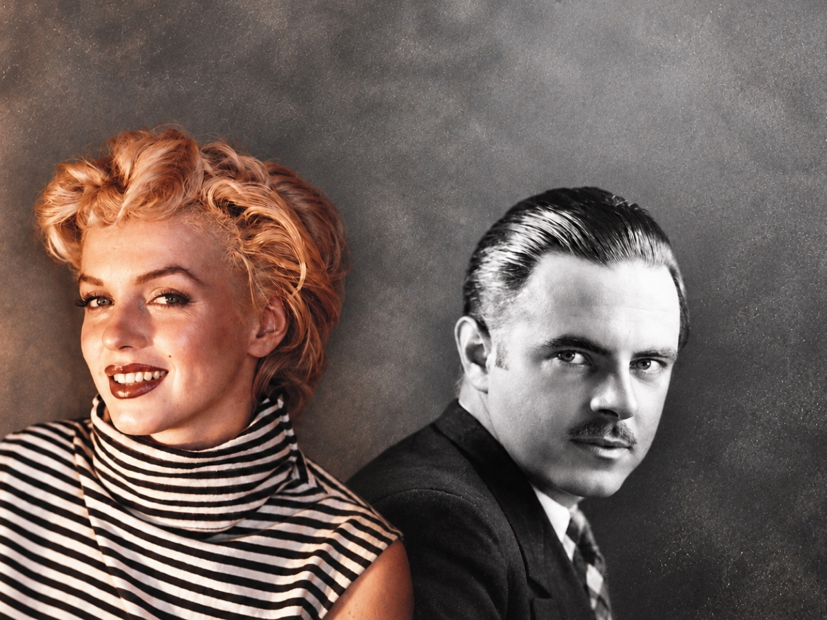 Marilyn Monroe színes képe és apja fekete-fehér képe egy montázson