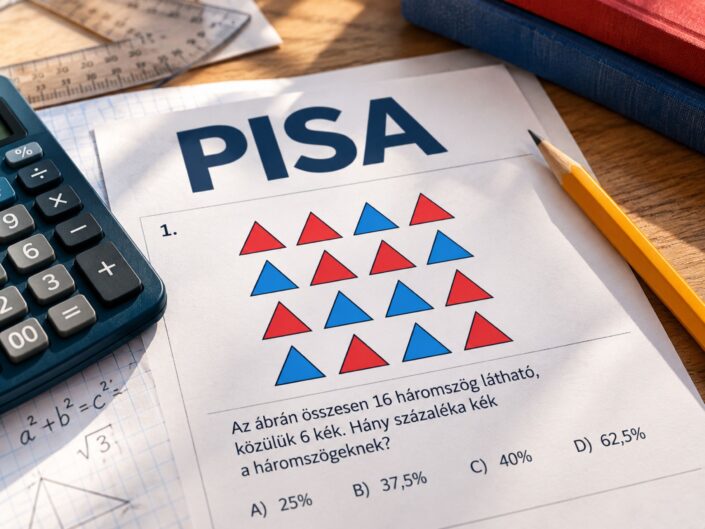 PISA matematikai mintafeladat színes háromszögekkel, számológéppel és ceruzával.