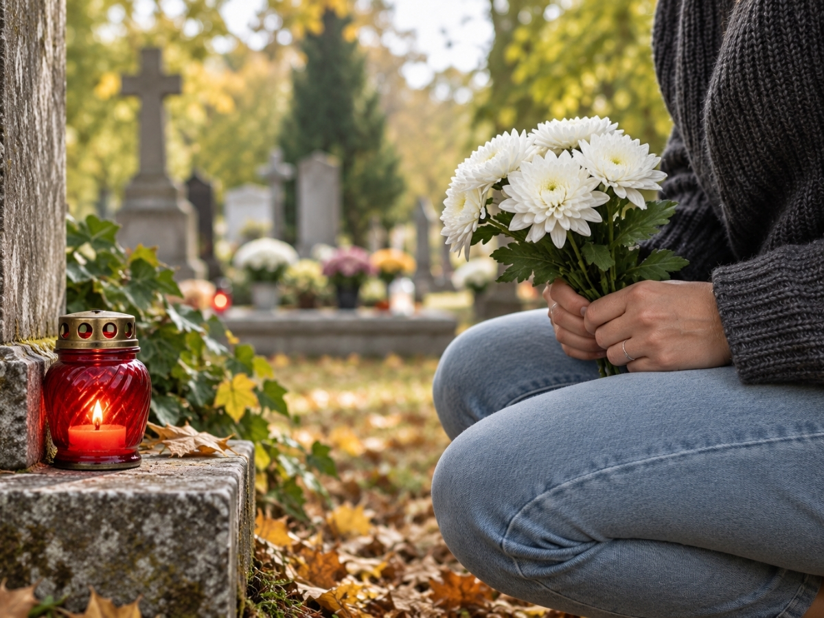 Nő farmerben novemberi temetőben guggol sír mellett fehér krizantémmal a kezében, a síron piros mécses