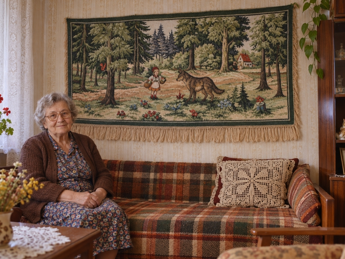 Retró nyolvanas évekbeli nappaliban heverő kockás pléddel letakarva, nagymama ül rajta, a falon retró szőttes falvédő Piroska és a farkas jelenettel