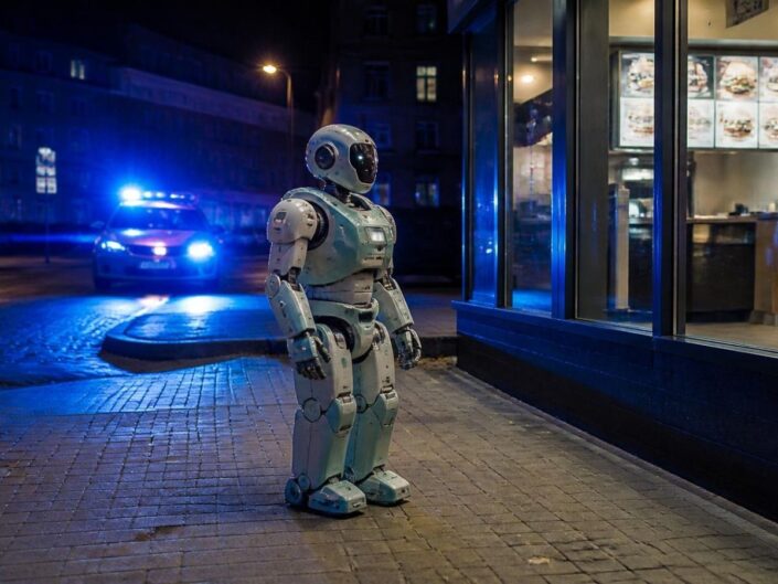 robot áll egy gyorsétterem előtt, a háttérben rendőrségi villogók