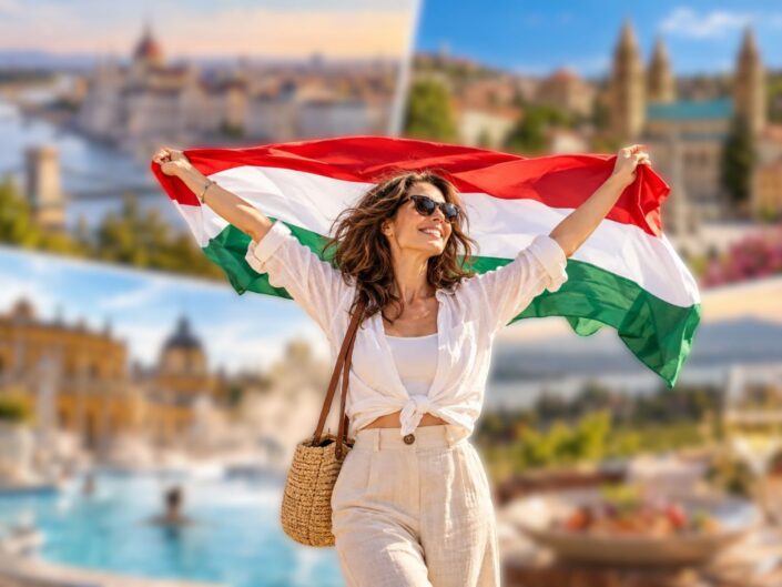 AI generált képen nő magyar zászlóval, háttérben Budapest, Pécs, egy wellnessfürdő és magyar gasztronómiai élmények